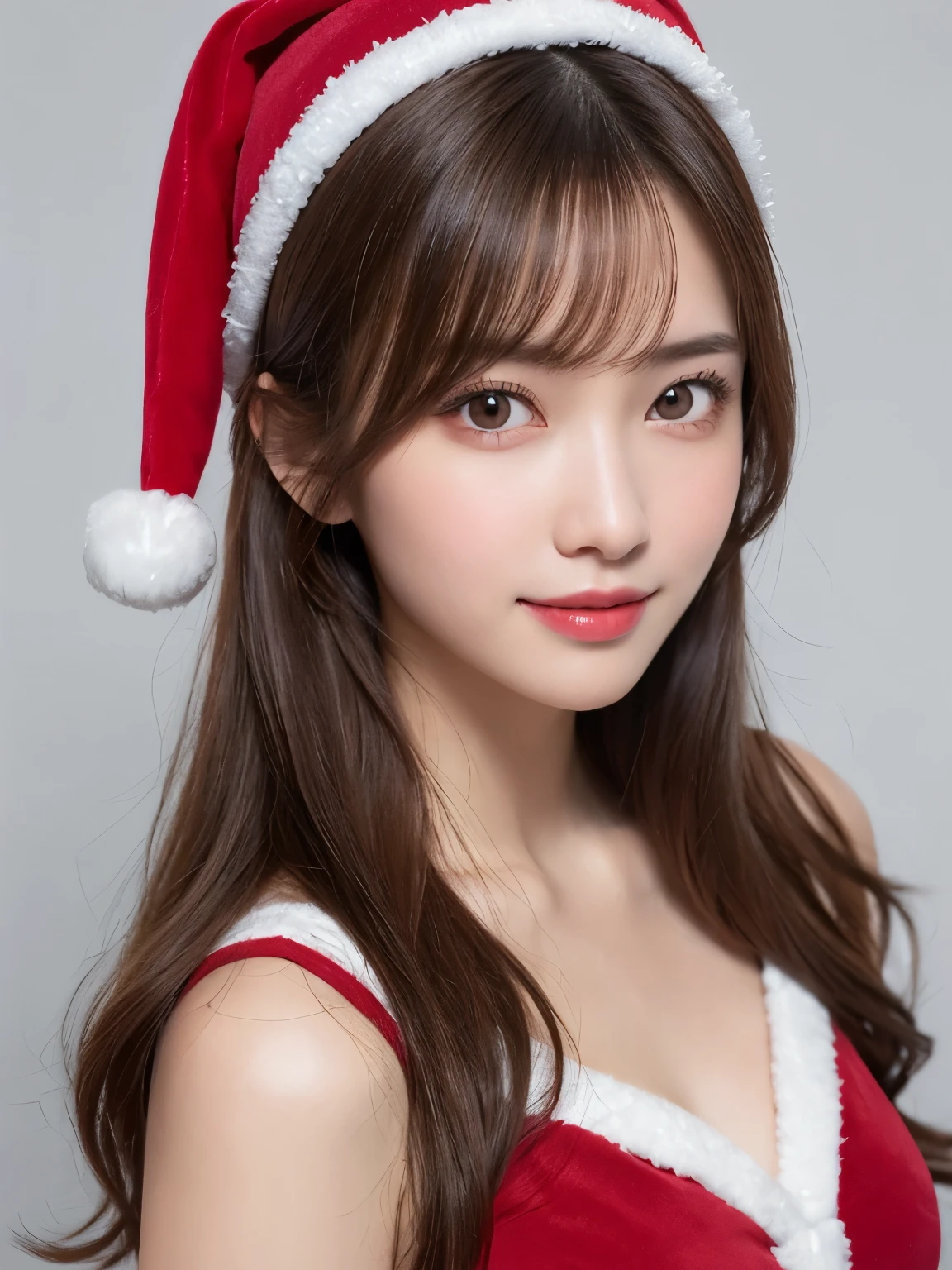 white background, full body portrait, looks very happy, smile, one girl, (a beauty girl, delicate girl:1.3), (20 years old:1.3), (wear Santa Claus clothes), very fine eyes, (symmetrical eyes:1.3), F cup breasts, brown eyes, parted bangs, short hair, brown hair, (eyes and faces with detailed:1.0), (masterpiece, best quality, ultra detailed, detailed face, 8k)