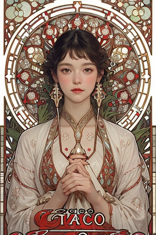 Beautiful woman、White and red dress、(((Mucha&#39;s style)))、High-definition painting