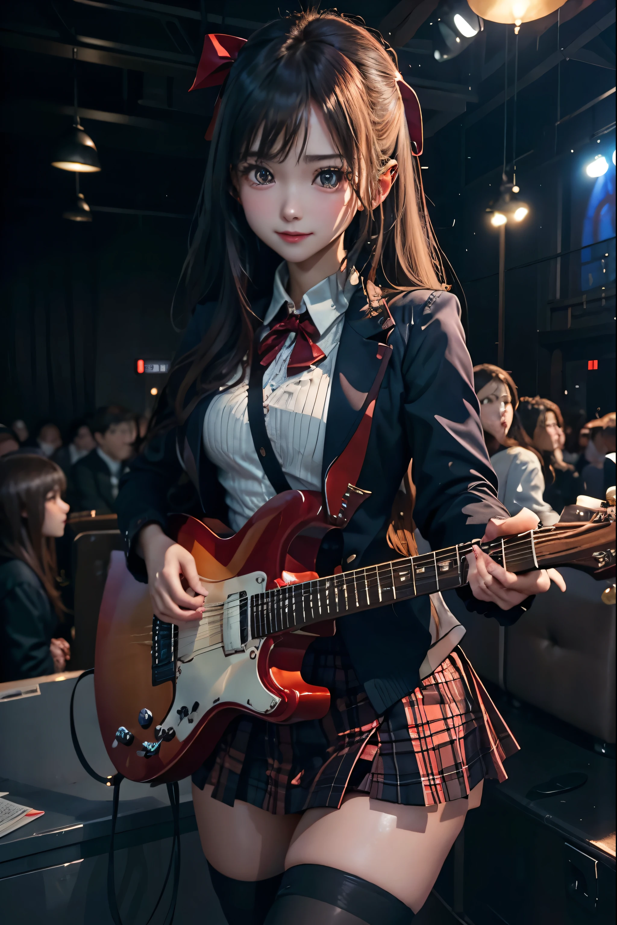 High school girl blazer、uniform、Red checked knee-length skirt、Long skirt、JK Style、Jacket、smile、Knee-high socks、Thigh-high socks、pantyhose、Extremely beautiful、Super cute、ennui、Rare Beauty、Dark black eyeshadow、sad、Skin radiance、Long Hair Straight Hair、Dark Gothic Makeup、Dark Smile、Fragrant beauty、Stained glass background、masterpiece、Highest quality、See 5 books、Sweat glistening on my chest、Sweat glistening on the face、Small breasts、22 years old、Slightly slim、Mysterious look、Sad look、Mysterious Gothic Church、enchanting castle、Excessive sweating all over the body、Sweat dripping down thighs, shining in the light、Shiny thighs、Thighs、Sweat on thighs, shining brightly、sweat profusely、gal、Small breasts、Japanese face、Captivating look、Thin Thighs、play the guitar、I have a guitar、Enthusiastic singing、play the guitar in a band、Playing guitar chords、Background of the live music venue、Sing a song、Open your mouth、Scenery of a live music venue、Mike stand、Glamorous live stage、Dynamic Angles、Vivid straight long hair、delicate straight hair、