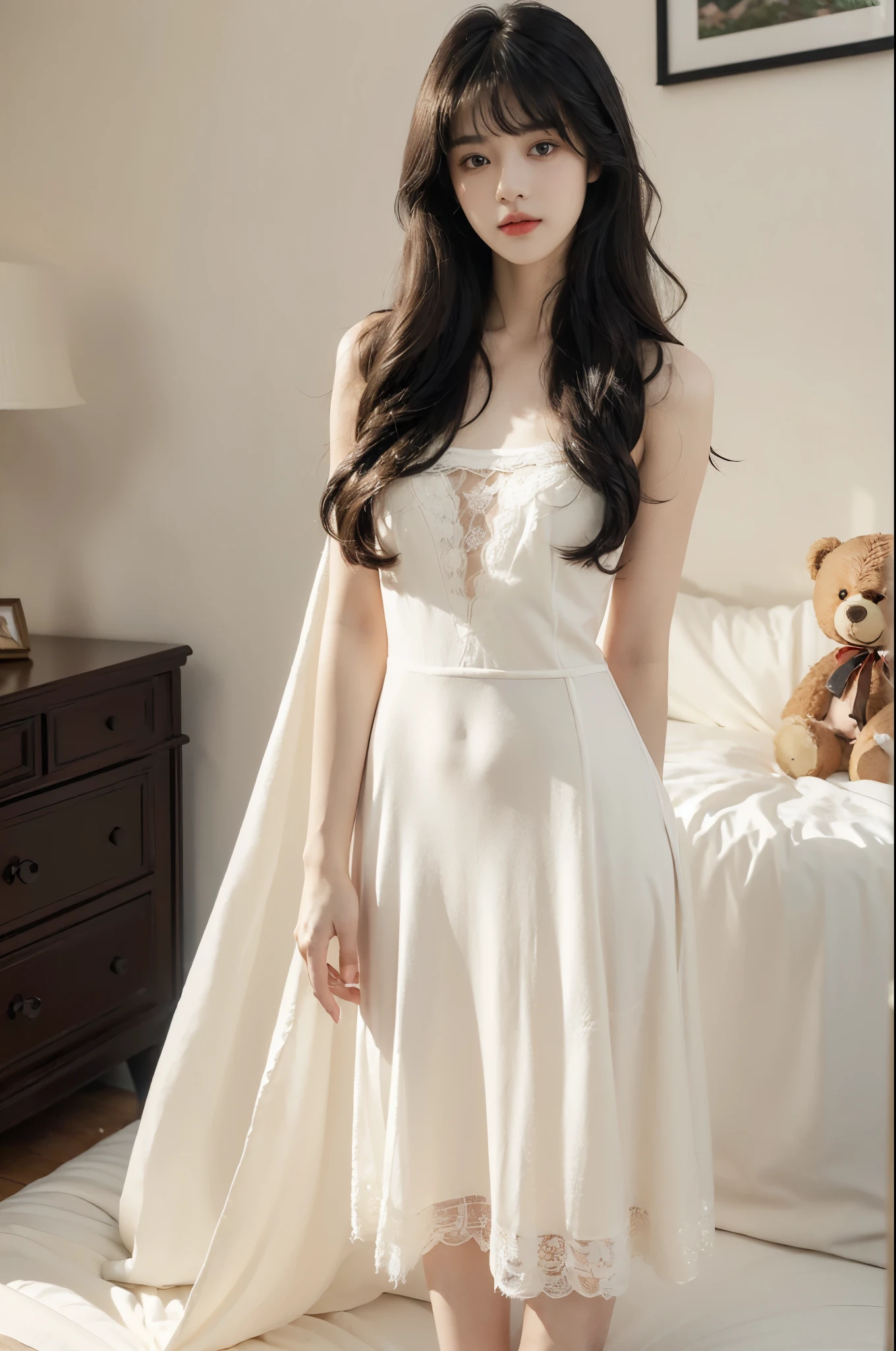 (((best quality))),(((ultra detailed))),(((masterpiece))),illustration,((1 beautiful girl,solo)),(((straight black hair,thick bangs))),(round face:1.5),((slim,thin)),(flat chest:1.3),(slender legs:1.2),(standing:1.3),(in bedroom:1.3),(night scene:1.3),(arms behind back:1.3),(bed:1.3),(white dress:1.3), hair cascading, perfectly made bed, nightlight, ethereal hue, colorful posters, youthful spirit,(beside a teddy bear:1.3), protectiveness, contemplation,detailed eyes, otherworldly shimmer,red lips parted, speaking,peaceful, serene, sleepy atmosphere,comfort, safety, solitude, reflection, innocence, simple pleasures, comforts, chaos of life, snapshot,((from front,full body))