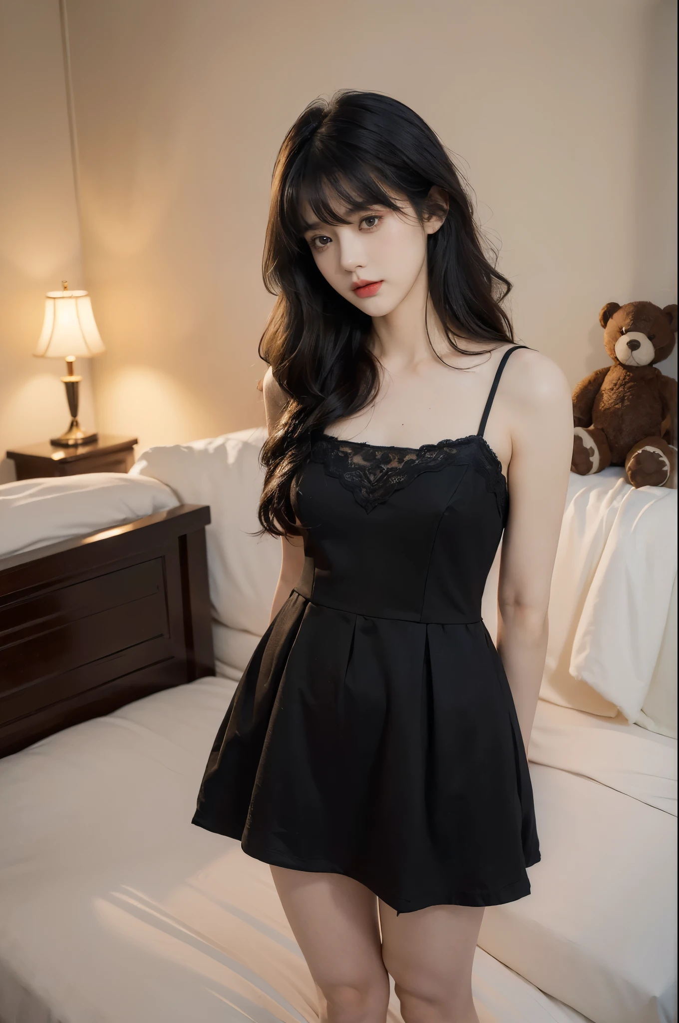 (((best quality))),(((ultra detailed))),(((masterpiece))),illustration,((1 beautiful girl,solo)),(((straight black hair,thick bangs))),(round face:1.5),((slim,thin)),(flat chest:1.3),(slender legs:1.2),(standing:1.3),(in bedroom:1.3),(night scene:1.3),(arms behind back:1.3),(bed:1.3),(white dress:1.3), hair cascading, perfectly made bed, nightlight, ethereal hue, colorful posters, youthful spirit,(beside a teddy bear:1.3), protectiveness, contemplation,detailed eyes, otherworldly shimmer,red lips parted, speaking,peaceful, serene, sleepy atmosphere,comfort, safety, solitude, reflection, innocence, simple pleasures, comforts, chaos of life, snapshot,((from front,full body))