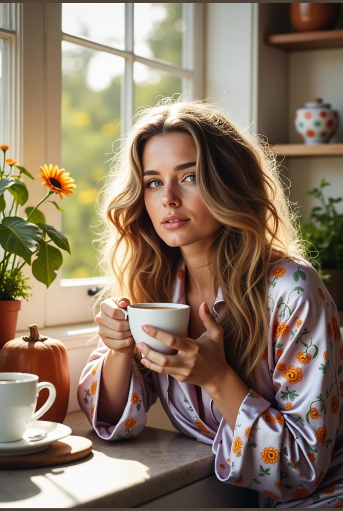 Brunette [girl:Maude Adams:0.1], just woken up, still wears silk pajamas, holds a cup of hot coffee at her Kitchen in the early morning, (best quality, masterpieces, ultra-detailed), beautiful detailed eyes, beautiful detailed lips, longeyelashes, vibrant colors, illustrative style, high resolution fine photographs texture, flowing messy hair, cozy garden background, soft sunlight, lively expression, joyful interaction with the cat, dynamic pose, realistic rendering, MidJourney Aesthetic