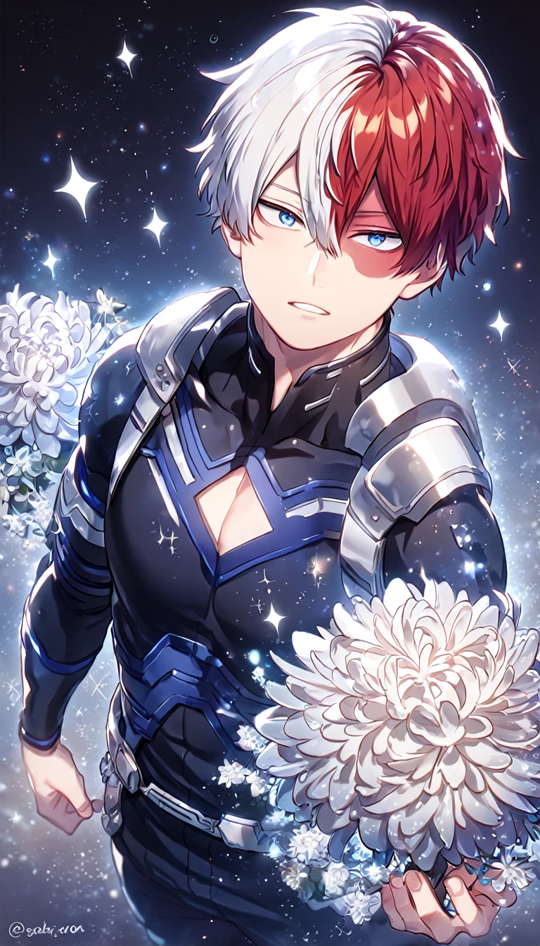 absurdres, highres, ultra detailed, HDR, master piece, best quality, extremely detailed, Todoroki Shouto, bicolor hair, right side white hair, left side red hair, expressive blue eyes, Boku No Hero Academia, solo, sexy man, handsome, sensual, manly man, dark blue hero suit, fantasy, glass, sparkling, silver glittering fireflies, silver moon, silver blossoms, silver chrysanthemums, silver sparkling lights, starry sky, magical