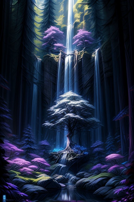 a tree in the middle of a waterfall surrounded by trees, tree of life, cosmic tree of life, the world tree, the tree of life, tree of life seed of doubt, world tree, yggdrasil, fantasy tree, magical tree, mystical setting, cosmic tree, beeple art, realism | beeple, tree of life inside the ball