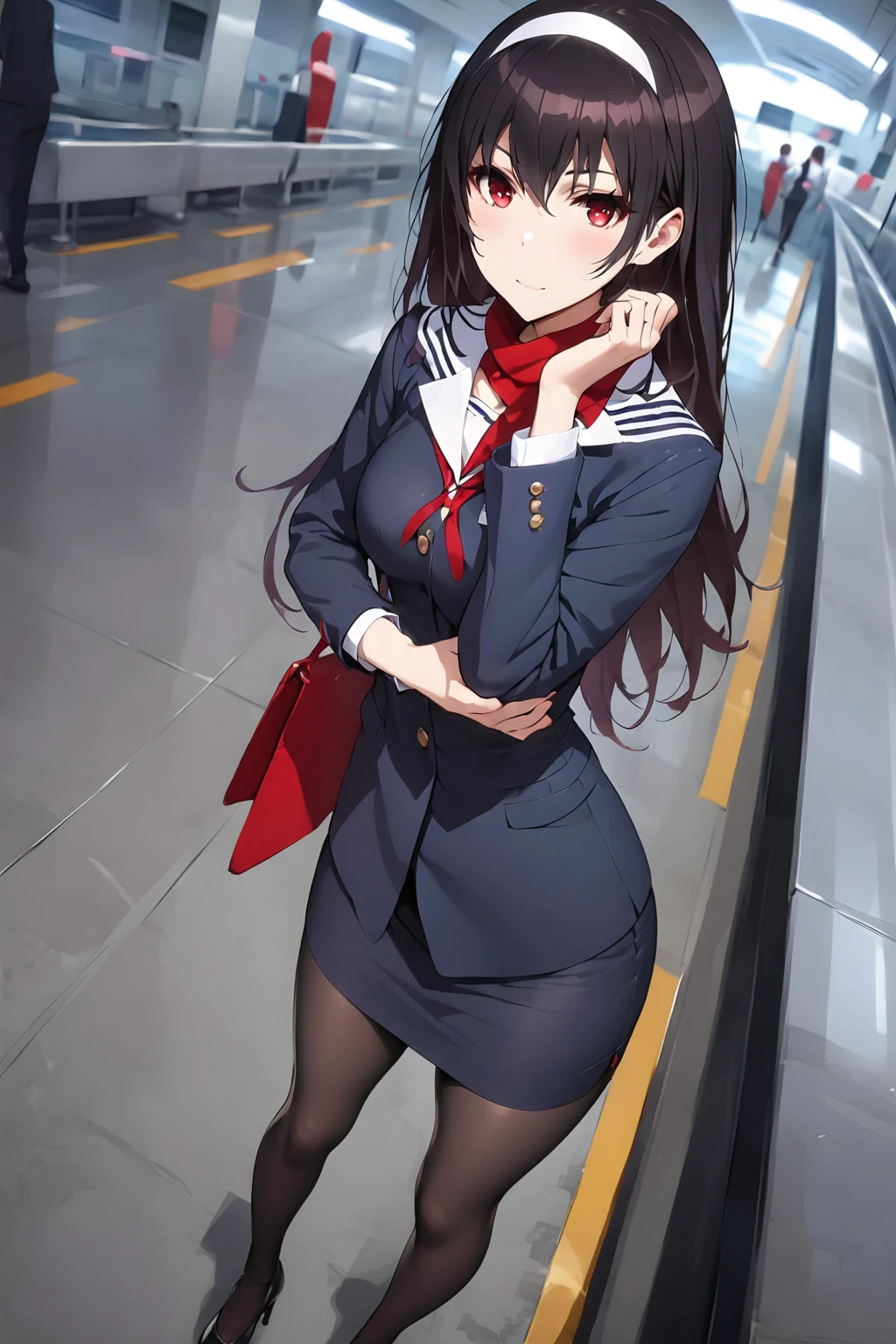 (Extremely detailed, best quality, high resolution, individual，masterpiece，Black haired beauty:1.4), standing beside a beautiful flight attendant,Anya Ivanova, Tall and skinny，Warmth and confidence, Red velvet, Matching blazer, Short pencil skirt,Black high heels, scarf, Side cover, remaining calm、major, a welcoming smile