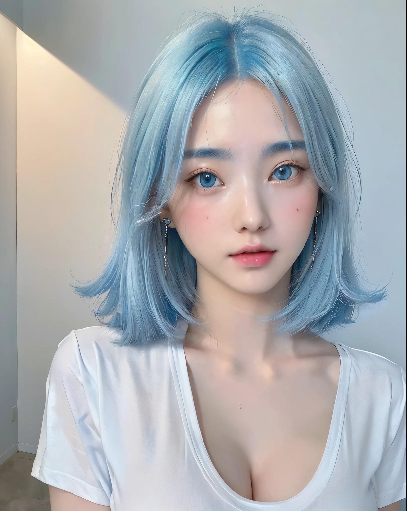 ((masterpiece))、Large Breasts、Only a large white T-shirt、((Light blue hair))、Blushing, Earrings, Highest quality, Glowing Skin、Fine skin、Teardrops、Underwear is showing through her shirt、20-year-old half-model beautiful woman、