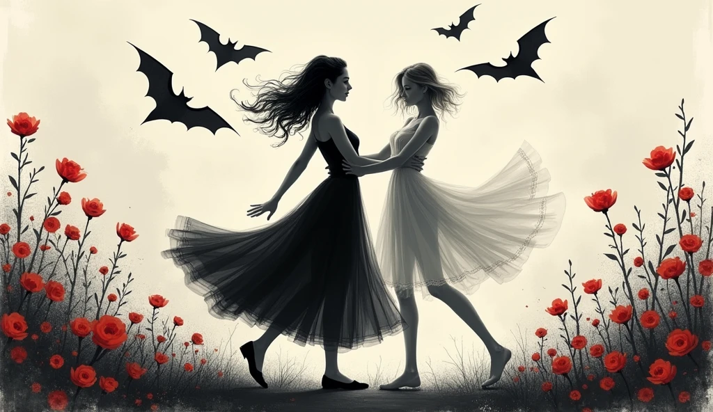 Young woman dancing with a ghost , silhouette,vintage poster styles,bat's flying, flowers,black,red and gray colors,2d drawing, sketch