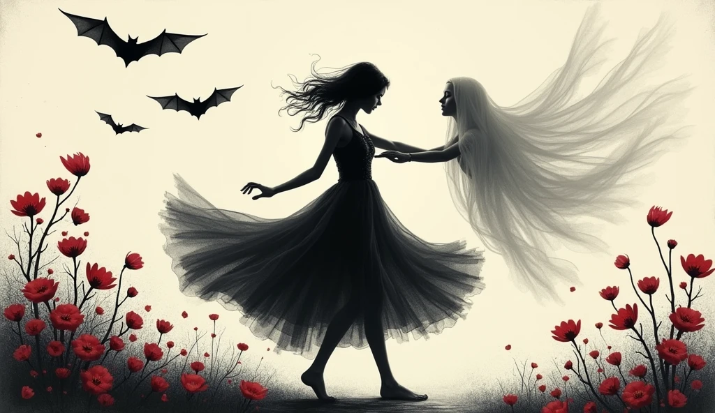 Young woman dancing with a ghost , silhouette,vintage poster styles,bat's flying, flowers,black,red and gray colors,2d drawing, sketch