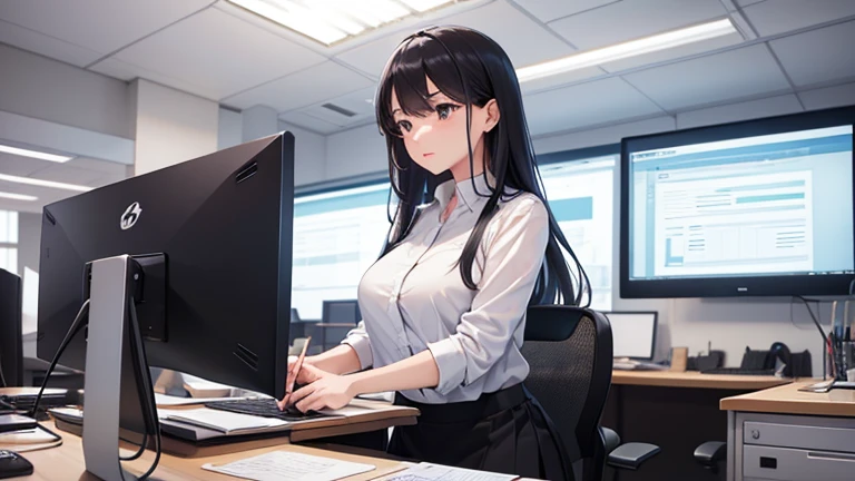 A woman working in an office、Please draw an illustration of a woman concentrating on desk work while wearing a tight skirt.。Computers and documents are lined up in the background.、There is a professional atmosphere。