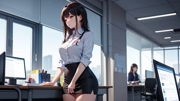 A woman working in an office、Please draw an illustration of a woman concentrating on desk work while wearing a tight skirt.。Computers and documents are lined up in the background.、There is a professional atmosphere。