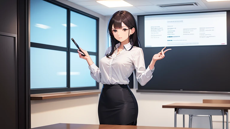Present in a meeting room、Please draw an illustration of a working woman wearing a tight skirt.。The woman is speaking with a serious expression.、There is a whiteboard and a projector in the background.。