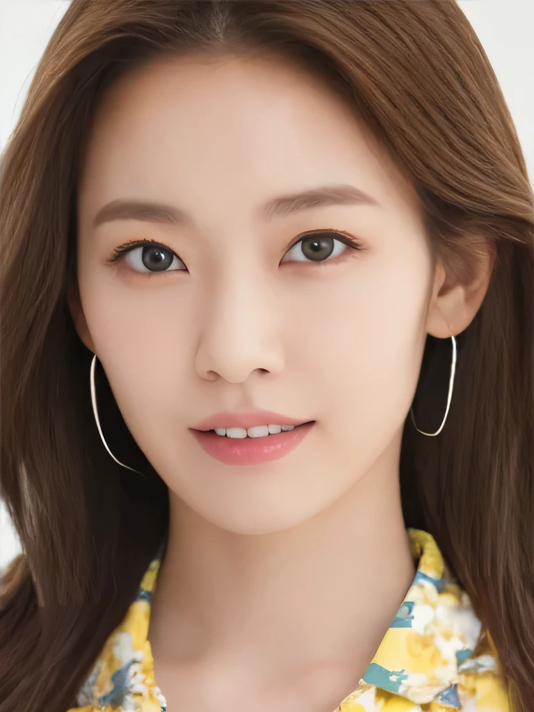 (highest quality、16K high resolution、Super detailed、masterpiece、Live shooting、realistic:1.5、hyper realism:1.5、sharp focus、very delicate and beautiful、small details, bust shot), 35-year-old Japanese woman, 160cm tall, 50kg, bust 84cm, waist 59cm, hips 86cm, heart-shaped face with a pointed chin, shoulder-length layered brown hair styled with soft waves, groomed eyebrows, large expressive brown eyes, a straight nose, full smiling lips, wearing a yellow floral blouse, blue jeans, silver hoop earrings, a few faint freckles adding youthfulness, an overall warm and approachable demeanor, {{{{resembling actress Aya Omasa}}}}