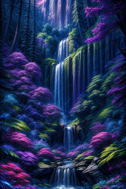 painting of a waterfall in a forest with a purple sky, galactic waterfalls, nebula waterfalls, cascading iridescent waterfalls, alien waterfall, bioluminescent waterfall, dan mumford and thomas kinkade, dan mumford and albert bierstadt, hildebrandt, floating waterfalls, an endless waterfall, waterfall backdrop, breathtaking masterpiece of art, style of tim hildebrandt