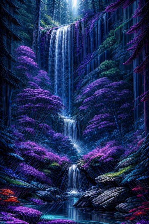 painting of a waterfall in a forest with a purple sky, galactic waterfalls, nebula waterfalls, cascading iridescent waterfalls, alien waterfall, bioluminescent waterfall, dan mumford and thomas kinkade, dan mumford and albert bierstadt, hildebrandt, floating waterfalls, an endless waterfall, waterfall backdrop, breathtaking masterpiece of art, style of tim hildebrandt