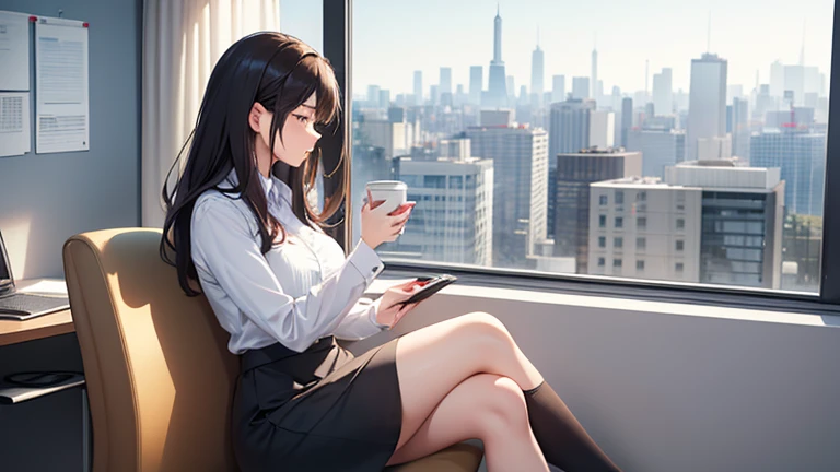 A working woman wearing a tight skirt、Please draw an illustration of someone taking a break by the window in the office.。A woman holds a coffee cup、Relaxing and looking at the view outside。The cityscape spreads in the background.。