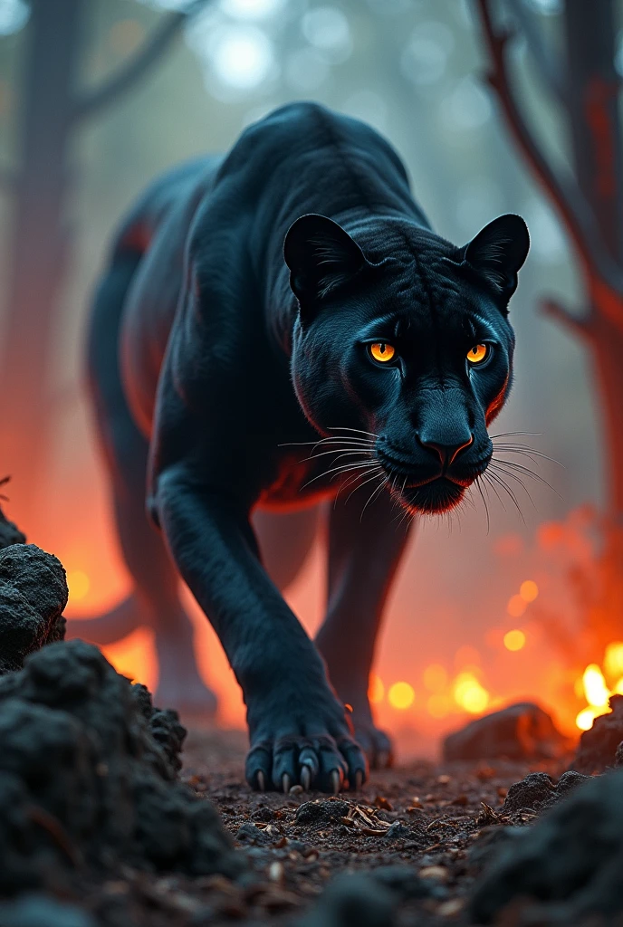 Otherworldly mysterious Black Panther creature, terrifying atmosphere, Fire, Smoke, hyper photorealism, High quality, Masterpiece