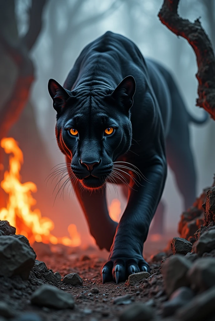 Otherworldly mysterious Black Panther creature, terrifying atmosphere, Fire, Smoke, hyper photorealism, High quality, Masterpiece
