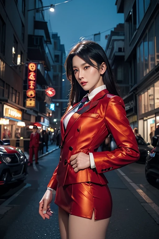 (Beautiful 25 year old Asian hit woman), (Wolf cut black hair), (Pale skin), (Serious face), Skirt Suit, (((Three-piece suit))), (((Dress shirt))), (((tie))), blazer, (((Red suit jacket))), Black shiny lapel (((Waistcoat))), double-breasted Waistcoat, (((Bodycon mini skirt))), Pencil Skirt, tights, pantyhose, Pocket Chief, tieピン, Cufflinks, (Night city background), View from the front, Waist up shot, Dynamic pose, Ambient Lighting, Photographic realism, Intricate facial details, Exquisite handcrafted details, Very detailed, Vibrant colors, Cinematic, High resolution, Trending Styles Raw on Artstation, On all fours, , Excited,