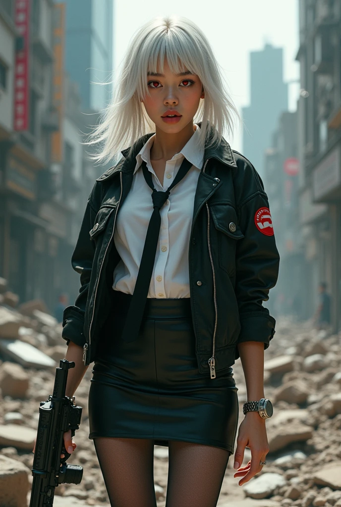 Hyper realistic, masterpiece, 1 Malay girl, close up shot, (white hair, medium hair, medium breasts, red eyes), perfect anatomy, city, cyberpunk style, ((white shirt, black jacket, black skirt, navel, belt, black gloves, neck tie, wrist watch, earrings, see through black leggings)), ((holding gun)), war, ruined city, battle field, rubble, buildings,cigarette