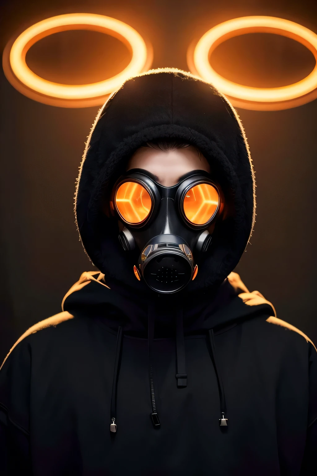 A man wearing a gas mask and black sweatshirt, looking forward with an orange aura.