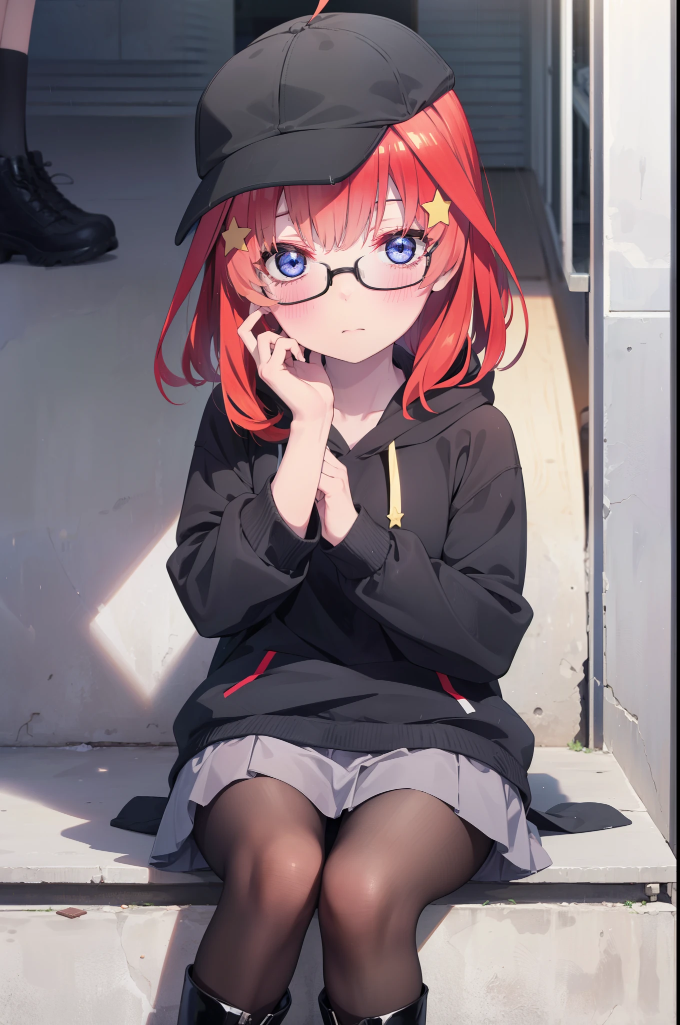 itsukinakano, Itsuki Nakano, bangs, blue eyes, Hair between the eyes, Ahoge, Redhead, star \(symbol\), hair ornaments, star hair ornaments,blush,Baseball hats,Black-rimmed glasses red oversized hoodie,mini skirt,Black pantyhose,short boots,Hiding in a building with a roof,Sitting on the stairs,night,rain,cloudy,whole bodyがイラストに入るように,
break indoors, Alley,
break looking at viewer, whole body,
break (masterpiece:1.2), Highest quality, High resolution, unity 8k wallpaper, (figure:0.8), (Beautiful attention to detail:1.6), Highly detailed face, Perfect lighting, Highly detailed CG, (Perfect hands, Perfect Anatomy),