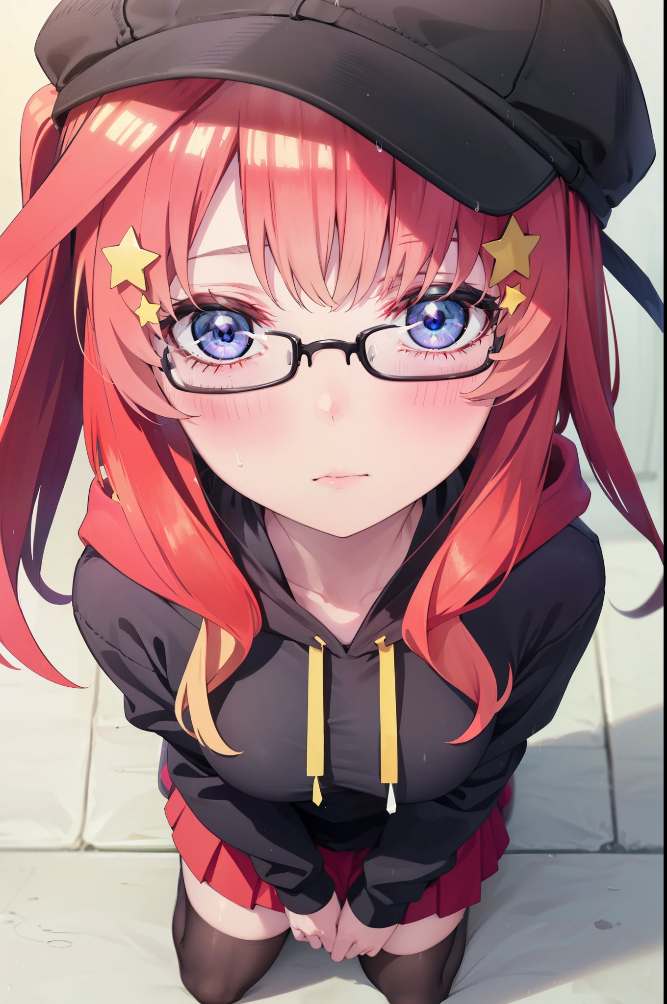 itsukinakano, Itsuki Nakano, bangs, blue eyes, Hair between the eyes, Ahoge, Redhead, star \(symbol\), hair ornaments, star hair ornaments,blush,Baseball hats,Black-rimmed glasses red oversized hoodie,mini skirt,Black pantyhose,short boots,Hiding in a building with a roof,Sitting on the stairs,night,rain,cloudy,whole bodyがイラストに入るように,
break indoors, Alley,
break looking at viewer, whole body,
break (masterpiece:1.2), Highest quality, High resolution, unity 8k wallpaper, (figure:0.8), (Beautiful attention to detail:1.6), Highly detailed face, Perfect lighting, Highly detailed CG, (Perfect hands, Perfect Anatomy),