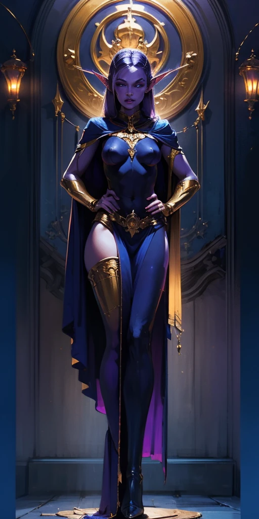 masterpiece, best quality, high quality, drow elf, long hair, pale hair, red eyes, purple skin, deep blue cape with golden ornaments (1solofemale full body standing straight symmetrical, hands on hips)