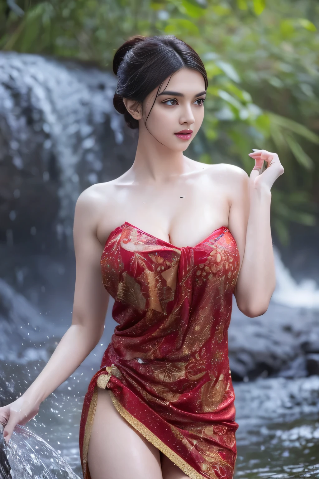 RAW, Best quality, high resolution, masterpiece: 1.3), beautiful Deepika Padukone, Masterpiece, rain, perfect wet soaked body, wet clothes, (big breasts:1.5), cleavage cutout, open breast, black chignon hair, open stand, realistic, (heavy hairy pubic:1.3), Soft smile, thick thighs, woman standing in the waterfall in a dark red batik patterned kebaya short dress, she is about 20 years old, pale white skin, wearing a sexy red kebaya dress, arms up