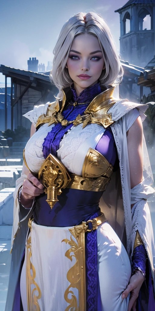 (chest covered)(smile)Gray skin, pale golden hair and violet eyes. They prefer clothing of white and silver with cloaks of deep blue or purple,village background, huge_knockers, ((very precise detailed)), ((highres)