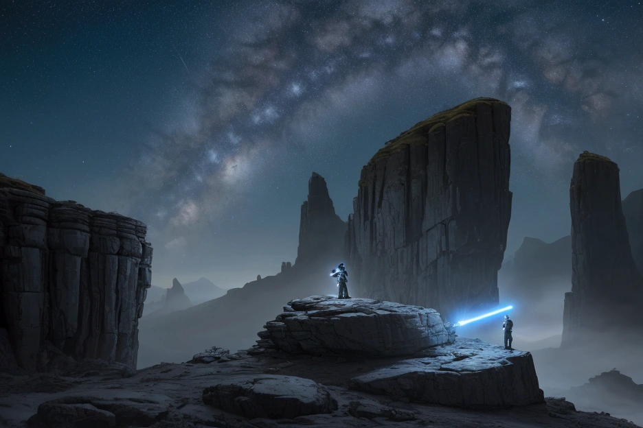 Create an ultra-realistic and vibrant image of a young Jedi standing on a rocky terrain under a twilight sky filled with distant stars and swirling nebulae, inspired by the Star Wars universe. The Jedi, a about 10 yearsssed in traditional Jedi robes, holding a glowing blue lightsaber with an intense and determined expression. The light from the saber casts a soft blue glow on the Jedi’s face, highlighting the determination in their youthful eyes. Behind them, a dramatic landscape of craggy cliffs and alien vegetation unfolds, with the remnants of ancient ruins partially buried in the rocky ground. The atmosphere is charged with energy, as the Force seems to emanate from the child, causing subtle ripples in the air. The overall scene is meticulously detailed, capturing the essence of the Star Wars universe with rich textures, dynamic lighting, and a sense of epic adventure.
