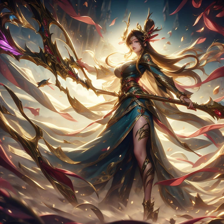 world Tree、ethnic group、Cute girl、Long hair、Fairy ears、Big breasts、Thin waist、wearing a leaf-style skirt、Bow and arrow in hand
