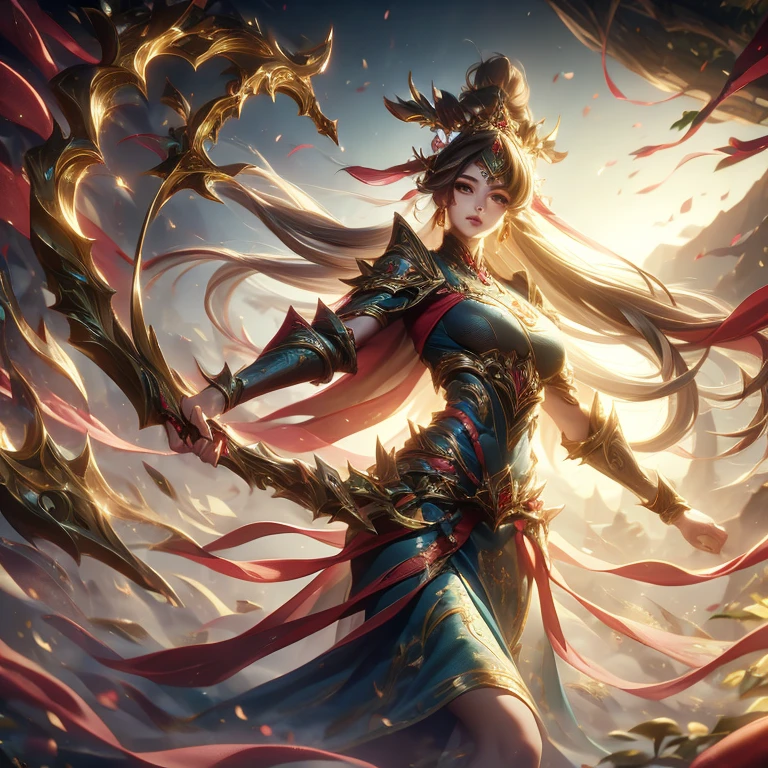 world Tree、ethnic group、Cute girl、Long hair、Fairy ears、Big breasts、Thin waist、wearing a leaf-style skirt、Bow and arrow in hand