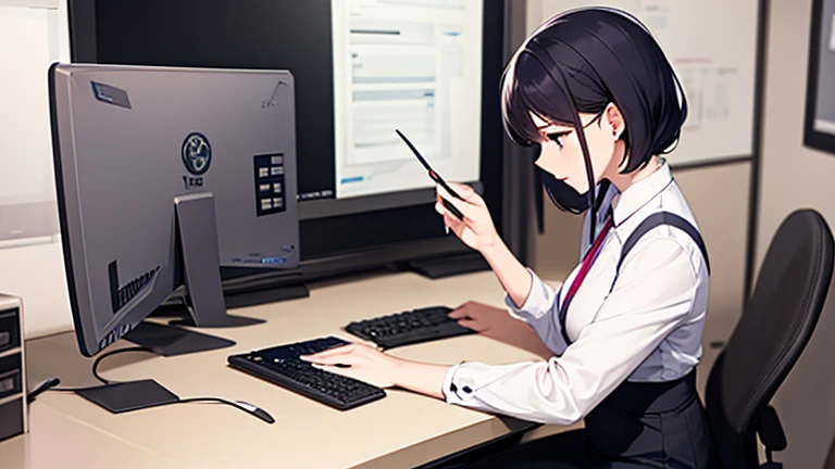 A woman working in an office、Please draw an illustration of a woman concentrating on desk work while wearing a tight skirt.。Computers and documents are lined up in the background.、There is a professional atmosphere。