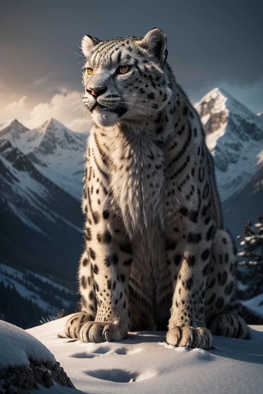 best quality,highres,professional,realistic,ultra-detailed,physically-based rendering,portrait. ,detailed, snow leopard, detailed fur,emitting red smoke, snow leopard beast,ferocious,large,sharp teeth and claws,giant size,snarling,glowing red eyes,crouching on a mountain peak,mountain peaks in the background,tall and majestic,covered in snow,dramatic lighting,dark and brooding atmosphere