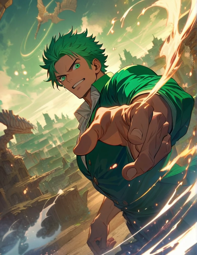 Roronoa Zoro from anime One Piece. Best angle. Posed. Particle fire. Dragon circle. symmetrical epic fantasy art, a portal to the lost flame realm. (absurdres, highres, ultra detailed), 1 male, young adult, handsome, tall muscular guy, broad shoulders, green hair, green eyes, finely detailed eyes and detailed face, (style), (full body:0.6), detailed background, 