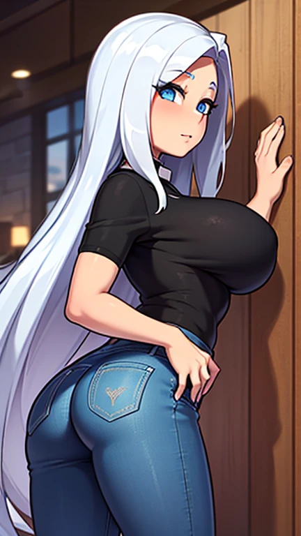 A girl has long white hair and she has large breasts and she is wearing her yellow shirt with blue pants and she has blue eyes and she has a cute face