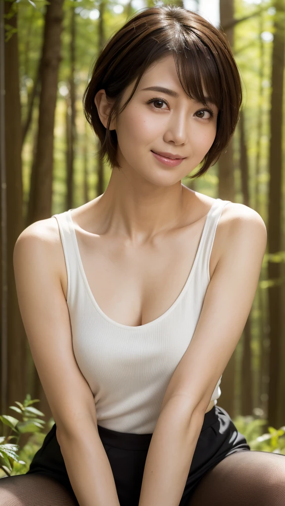 best quality, realistic, very detailed, high resolution, plain background, 8K wallpapers, one beautiful woman, Short hair, tank top, sharp focus, Complete and dynamic composition, beautiful eyes, delicate hair, A slight smile on your face, close-up portrait, model body type, in the forest