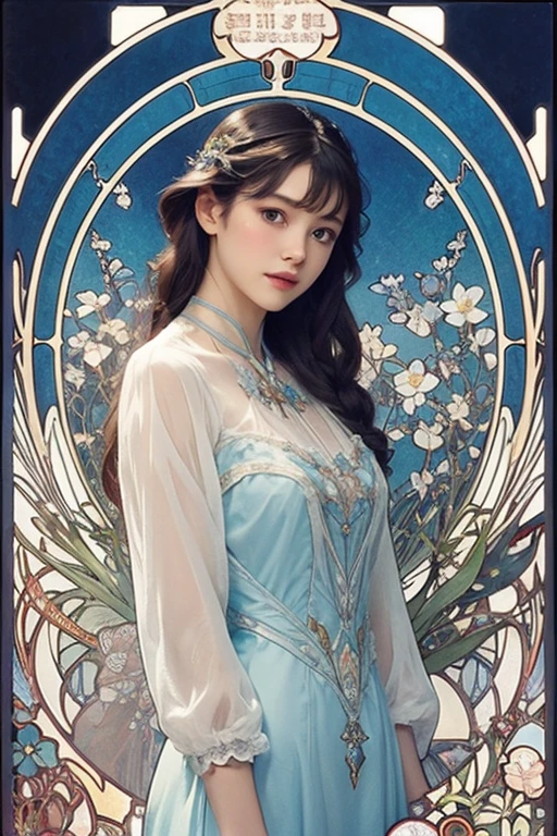 Beautiful woman、White and blue dress、(((Mucha's style)))、High-definition painting