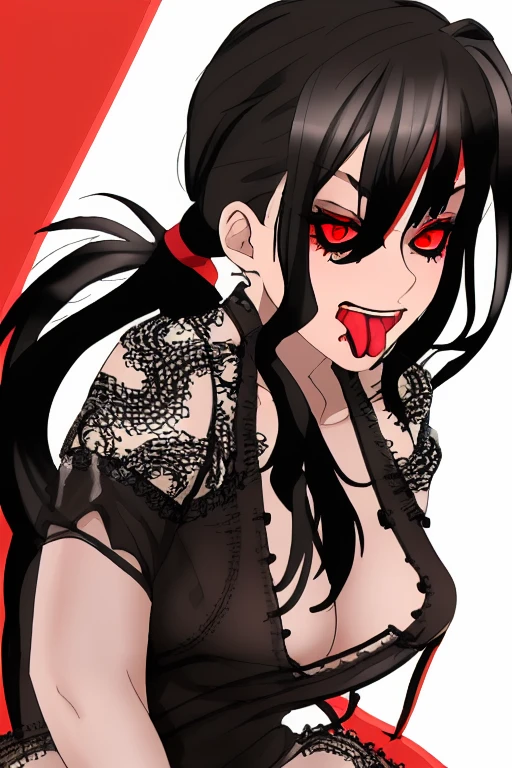 Girl with black hair tied in a ponytail having sex in semi-naked black lingerie with lace eyes, one black and one red, with an excited expression with her tongue sticking out