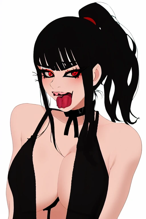 Girl with black hair tied in a ponytail having sex in semi-naked black lingerie with lace eyes, one black and one red, with an excited expression with her tongue sticking out