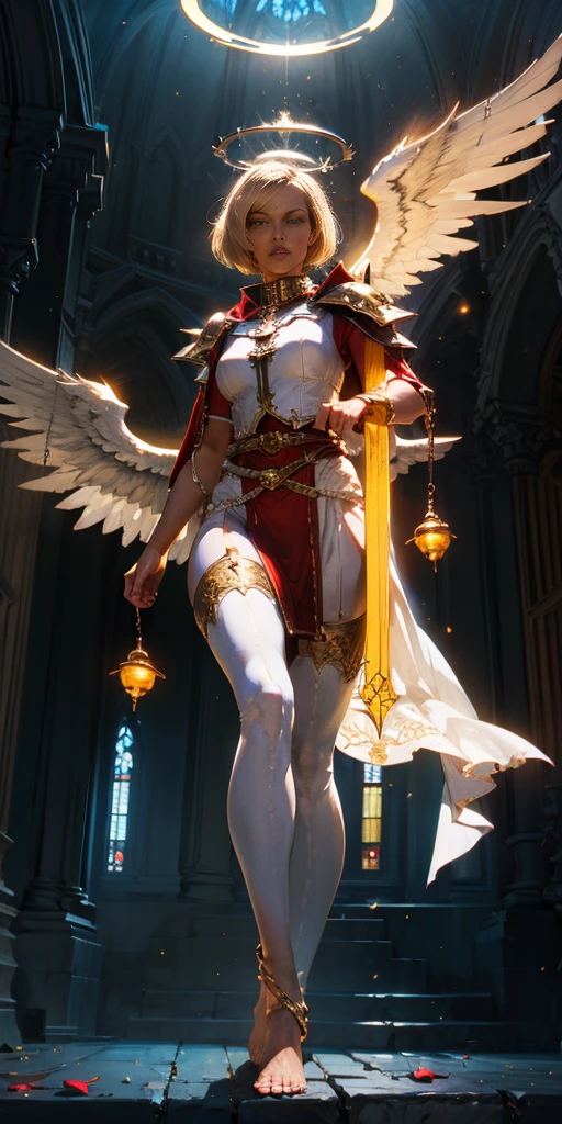 low angle, from below, paladin templar lady in white tabard, legwear, glowing yellow eyes, collar, golden chainmail, wide hips, barefoot, angel wings, pauldrons, halo, bob cut, blonde, eye focus, red cape, temple indoors, decorations, stained glass windows, night, particles, chromatic aberration, detailed, cinematic, dark scene, fantasy