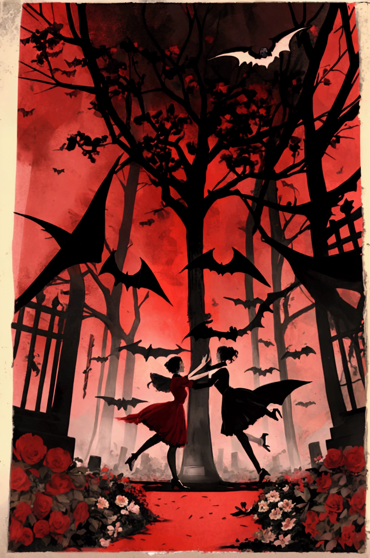 Young women dancing in a graveyard, silhouette,vintage style poster, bat's flying, flower's, black,red and gray colors