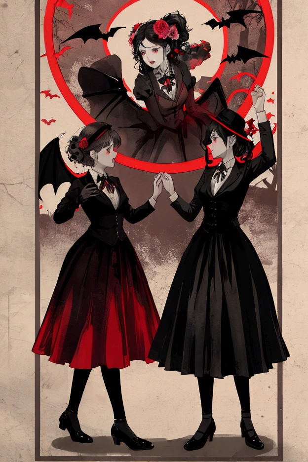 Young women dancing in a graveyard, silhouette,vintage style poster, bat's flying, flower's, black,red and gray colors