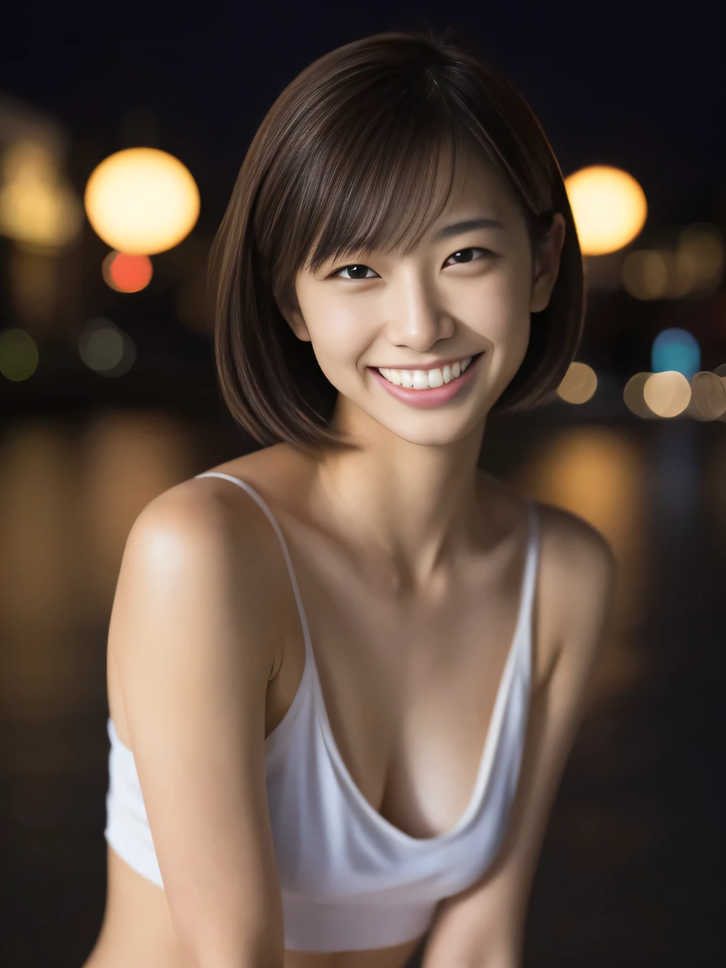 (Realistic、photo Realistic:1.3)、1 girl、2、(Bob Hair, Shortcuts, Brown Hair), (Change of clothes: 1.2), panties, Night Street、 (Browsing Caution:1.3), Beautiful Skin, blush, Grinning face、Very detailed、super high quality、Upper body naked、Small breasts、Nipples
