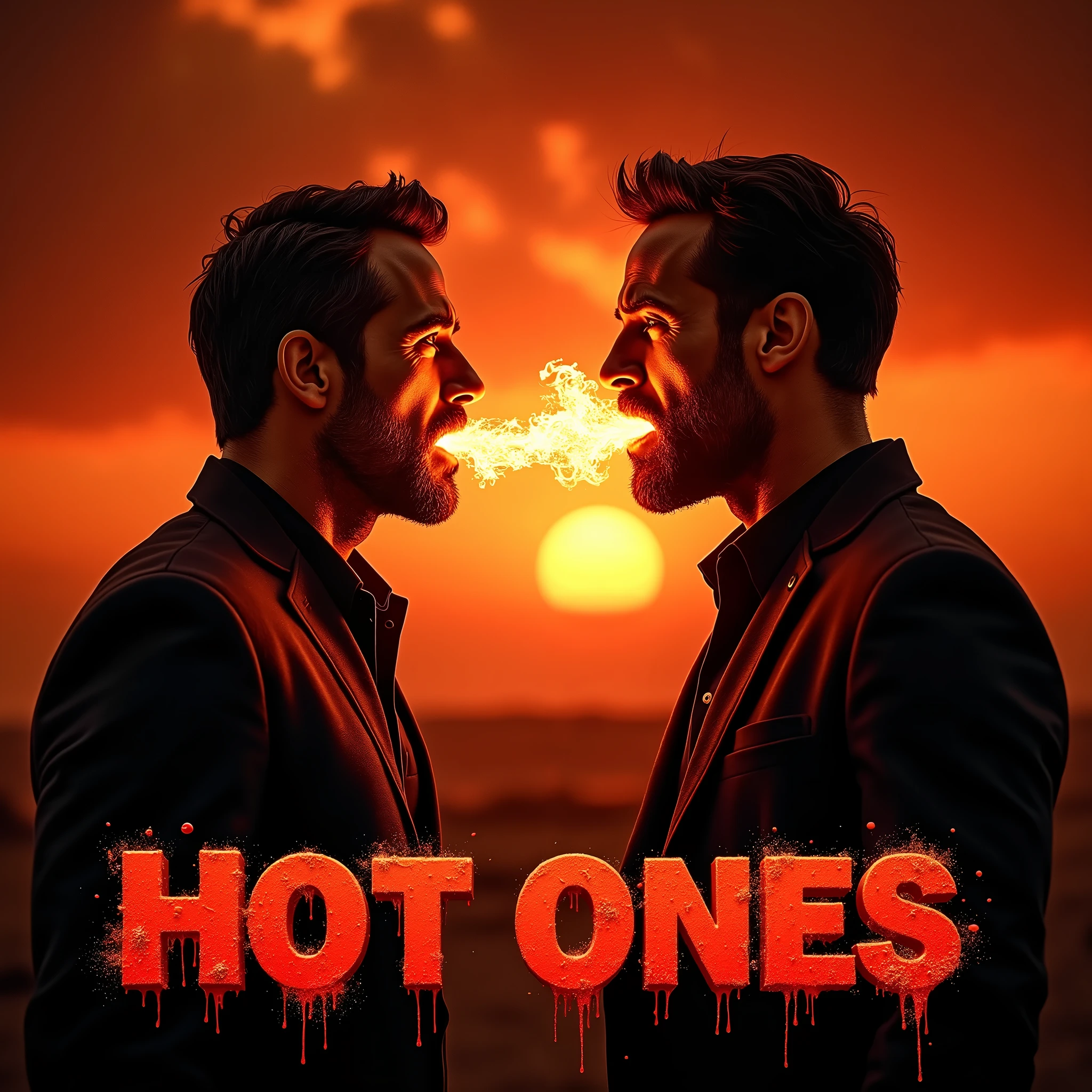 Ryan Reynolds and Hugh Jackman face-off amidst a fiery sunset backdrop with retro vibes. The actors' mouths agape, still smoldering from scorching hot wings. Flames dance on their lips as they exhale fireballs. A crimson-red palette surrounds them, punctuated by black accents. Sultry gazes meet, shrouded in enticing shadows, evoking a gothic fantasy. 3D text in fiery red font declares "HOT ONES" with a cheeky touch, while distressed details add ruggedness to the design's edgy feel.