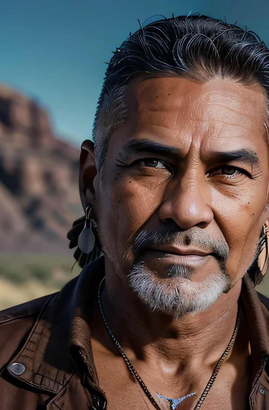 detailed portrait of a 45 year old shirtless native american man, traditional pants, short hair, no tattoos, wolf canine necklace, brown feather earring, arid landscape background, (best quality,4k,8k,highres,masterpiece:1.2),ultra-detailed,(realistic,photorealistic,photo-realistic:1.37),extremely detailed facial features, extremely detailed eyes and face, longeyelashes, detailed skin texture, dramatic lighting, warm color tones