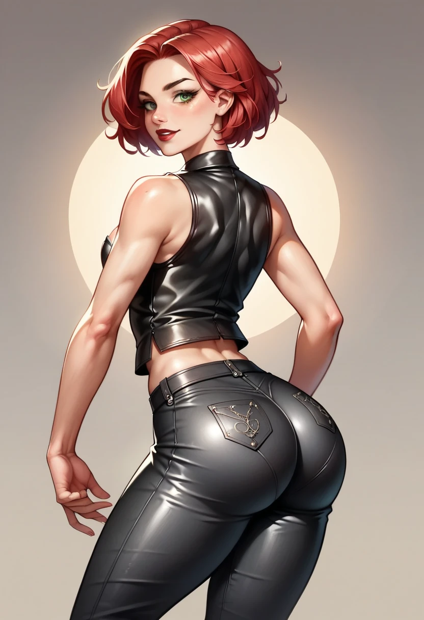 (high-level image quality), (high quality), (high resolution), (detailed), (masterpiece), beautiful woman, ((caucasian)), green eyes, red hair, short hair, dark red lipstick, big butt, thick tights, slender body, perfect eyes, Detailed face, leather pants, leather vest, strapless top, seductive, nsfw,