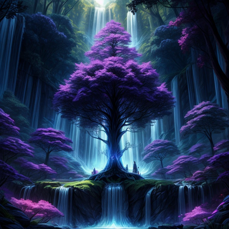 a tree in the middle of a waterfall surrounded by trees, tree of life, cosmic tree of life, the world tree, the tree of life, tree of life seed of doubt, world tree, yggdrasil, fantasy tree, magical tree, mystical setting, cosmic tree, beeple art, realism | beeple, tree of life inside the ball