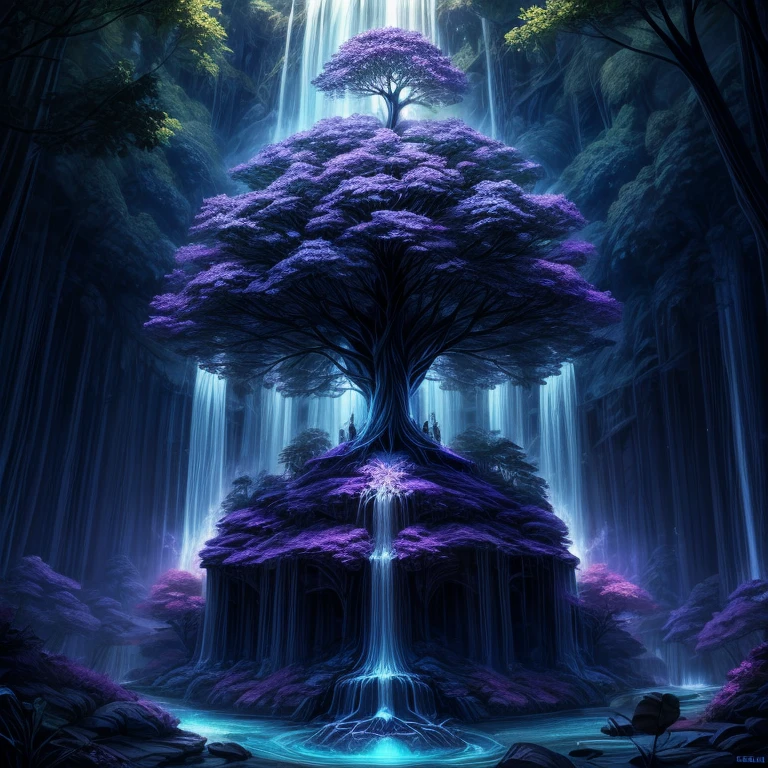 a tree in the middle of a waterfall surrounded by trees, tree of life, cosmic tree of life, the world tree, the tree of life, tree of life seed of doubt, world tree, yggdrasil, fantasy tree, magical tree, mystical setting, cosmic tree, beeple art, realism | beeple, tree of life inside the ball