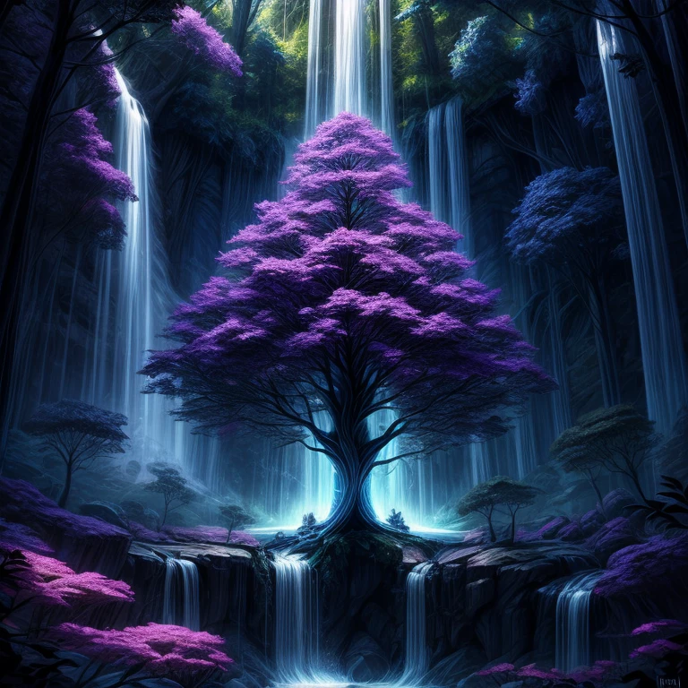 a tree in the middle of a waterfall surrounded by trees, tree of life, cosmic tree of life, the world tree, the tree of life, tree of life seed of doubt, world tree, yggdrasil, fantasy tree, magical tree, mystical setting, cosmic tree, beeple art, realism | beeple, tree of life inside the ball